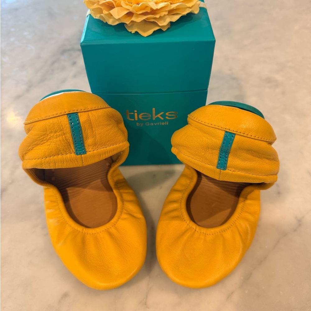 Tieks Mustard Yellow Flats with Teal Accent